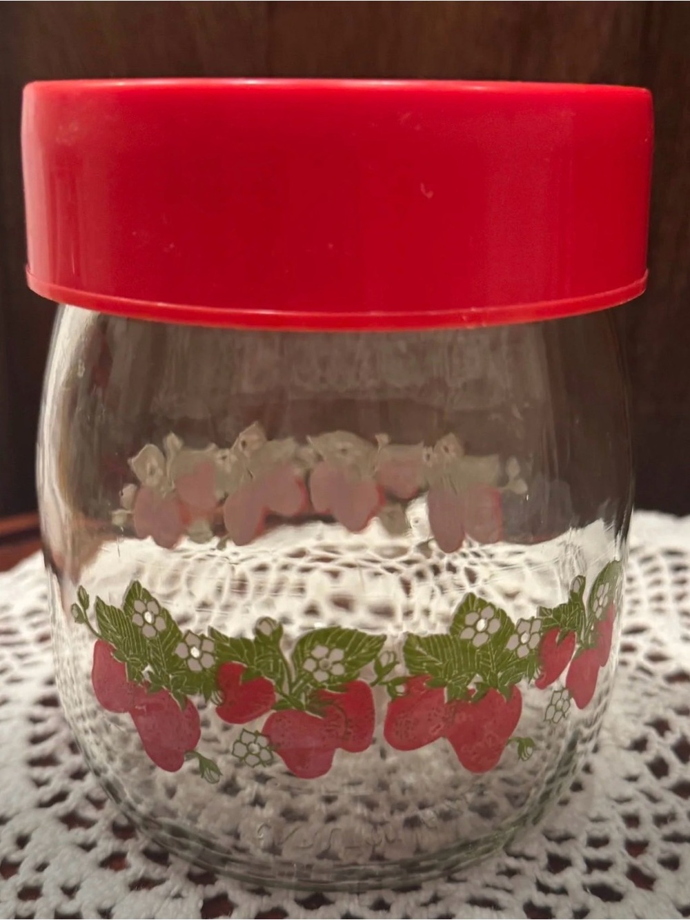 Vintage Carlton Glass Strawberry Canister Jar 5.5" Red Lid Small Kitchen Storage